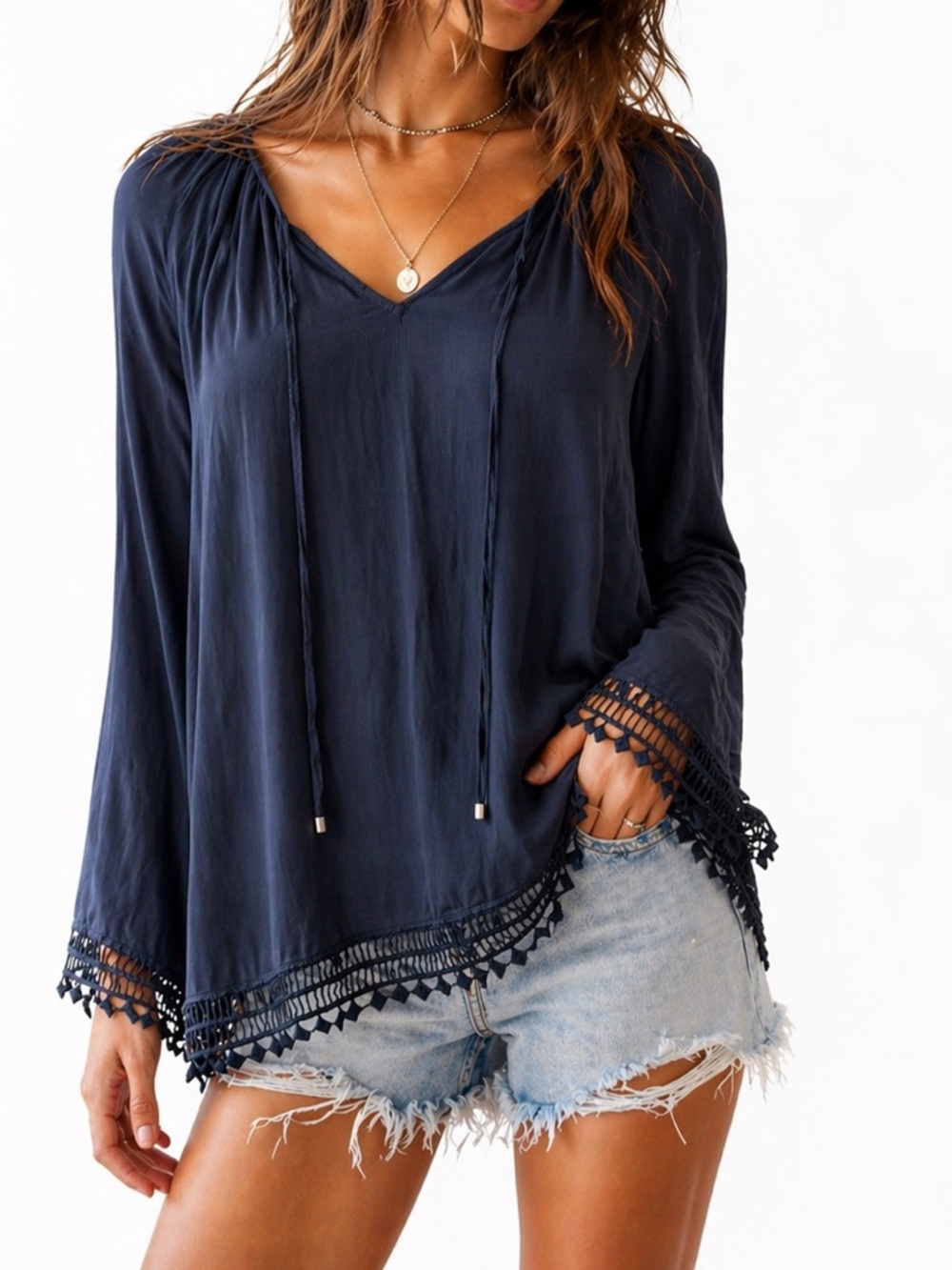 Tart Navy Blue Boho Peasant Blouse Crochet Trim Long Sleeveโ Top Small